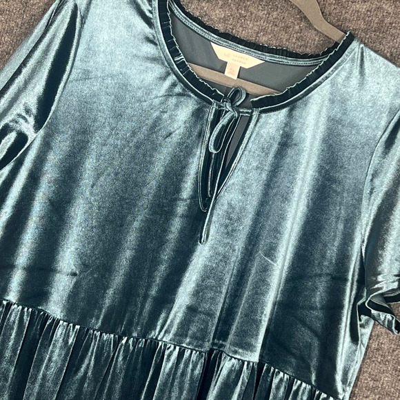 LC Lauren Conrad Velvet Babydoll Dress X-Large Teal Green Tie Ruffle Neck Tiered - Picture 3 of 9